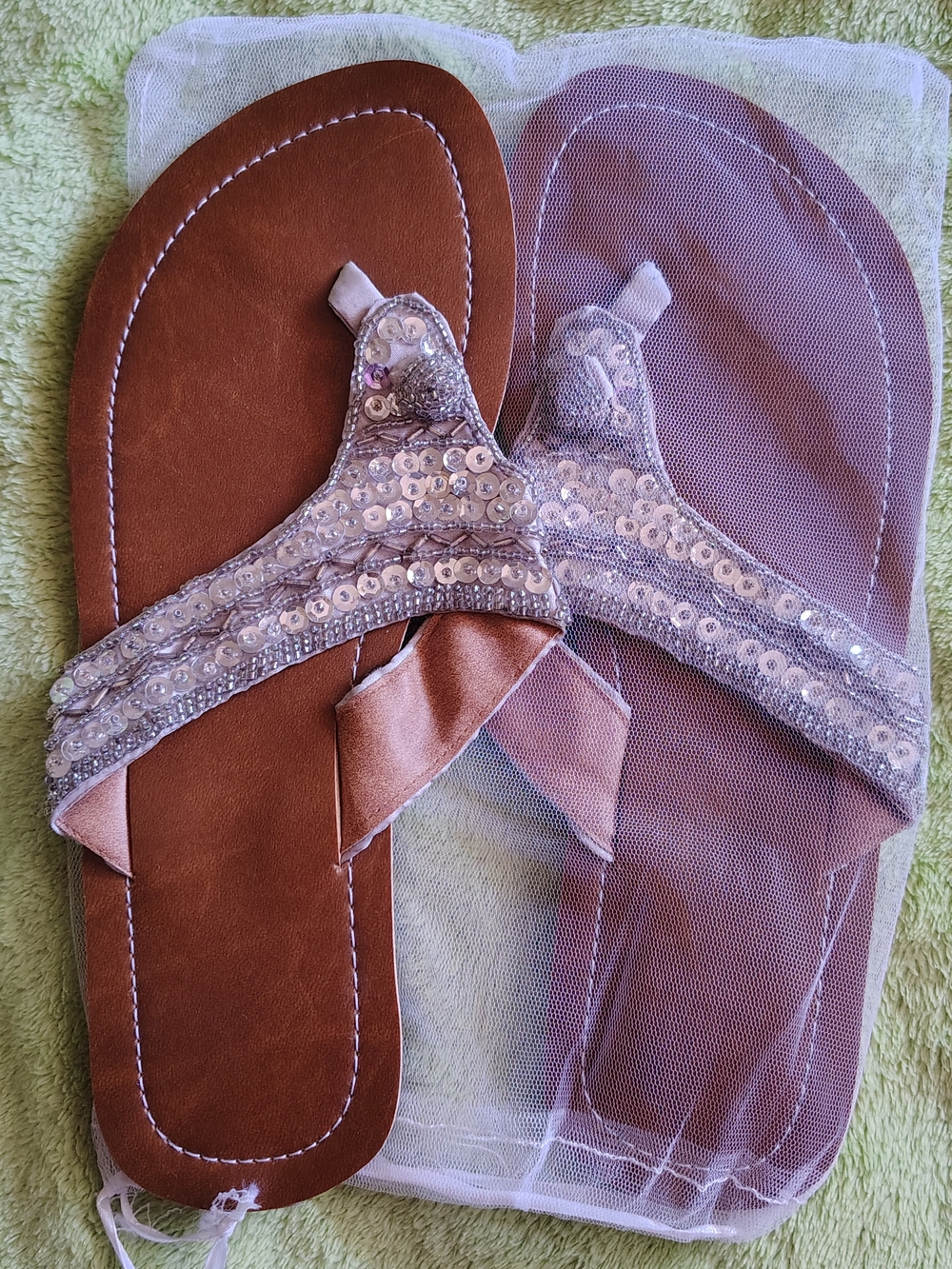 Beaded Sequin Thong Sandals - Silver